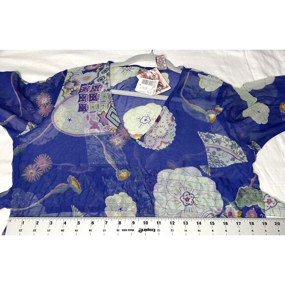 Pink Mode Kimono Tunic Top Womens 1X Blue Floral Sheer Tie Back Cover Up Boho - Picture 15 of 15